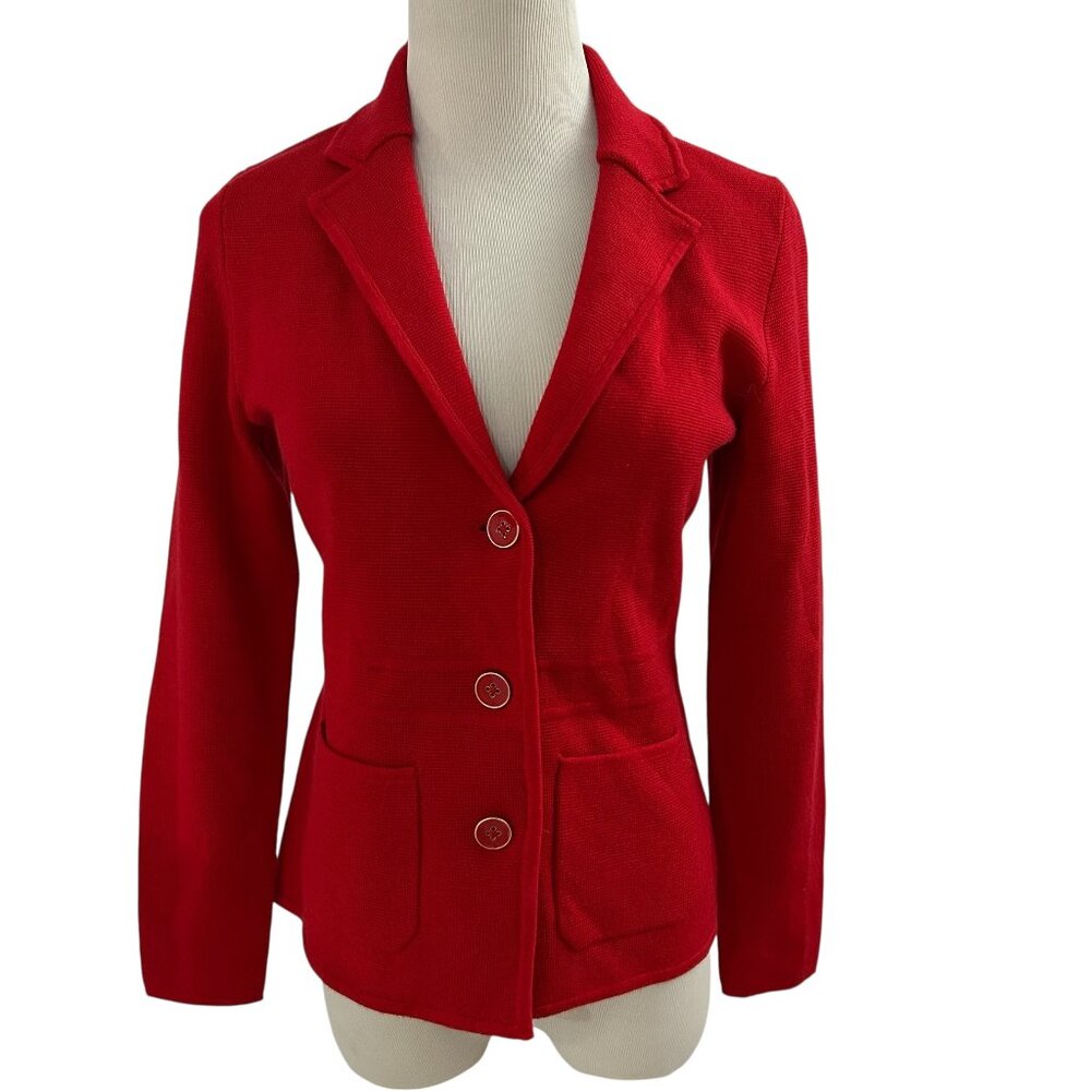 Talbots Women's Size P 100% Merino Wool Red Three Button Pocket Knit Jacket NWT